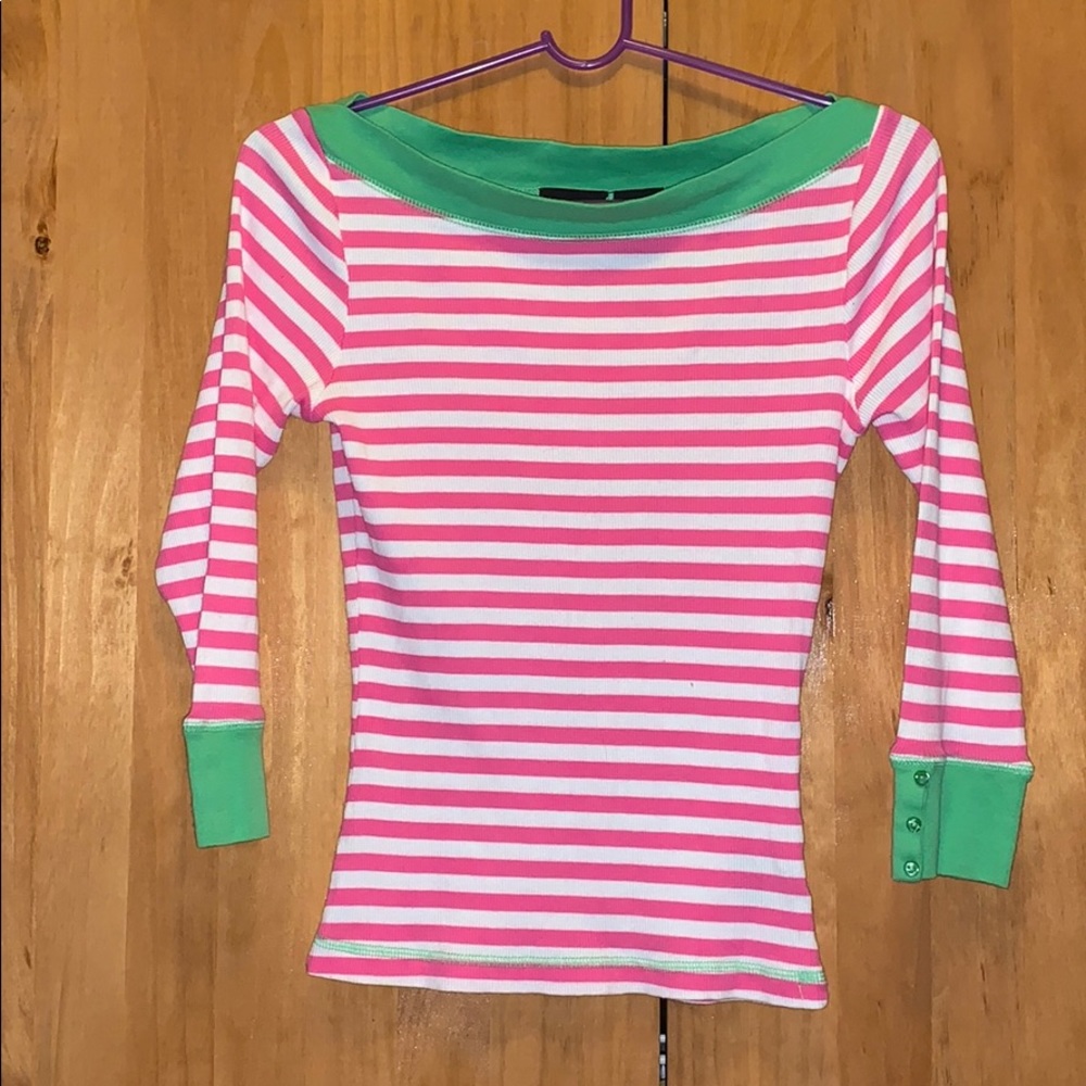 Pink and white striped three quarter sleeve